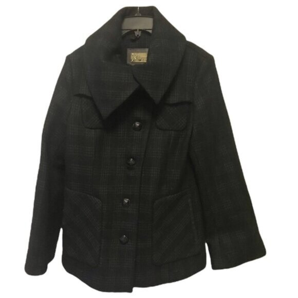 MACKAGE Plaid Check Bell Sleeves Wool Coat Jacket Leather Pockets Lined Collar L - Picture 2 of 13